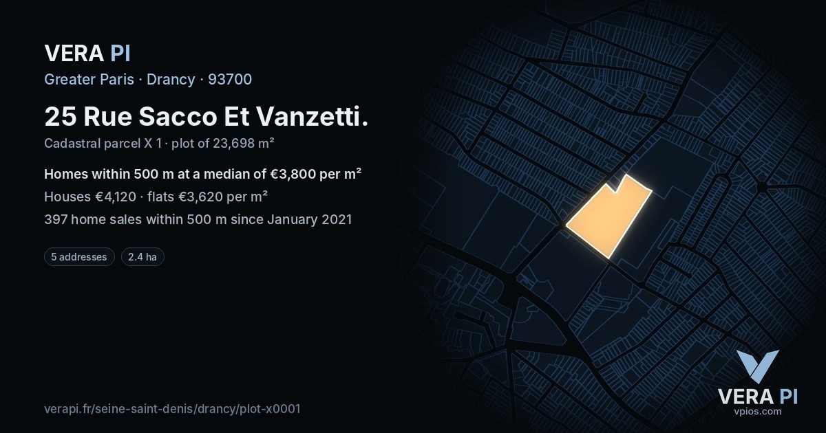 25 Rue Sacco Et Vanzetti, Drancy at night – the plot lit, the parcels around coloured by the prices near them