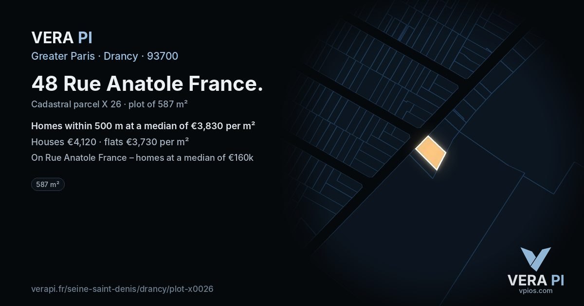 48 Rue Anatole France, Drancy at night – the plot lit, the parcels around coloured by the prices near them