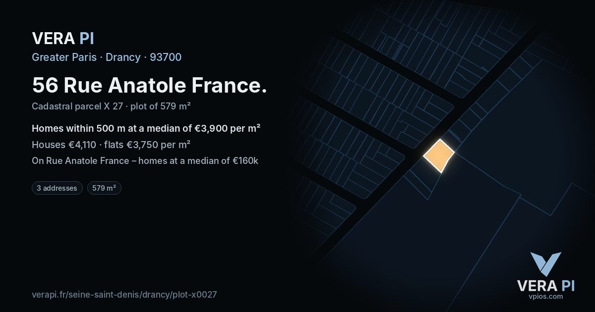 56 Rue Anatole France, Drancy at night – the plot lit, the parcels around coloured by the prices near them