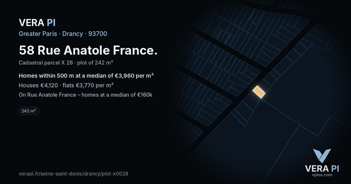 58 Rue Anatole France, Drancy at night – the plot lit, the parcels around coloured by the prices near them