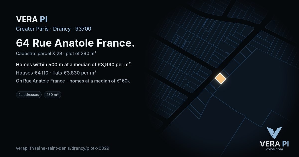 64 Rue Anatole France, Drancy at night – the plot lit, the parcels around coloured by the prices near them