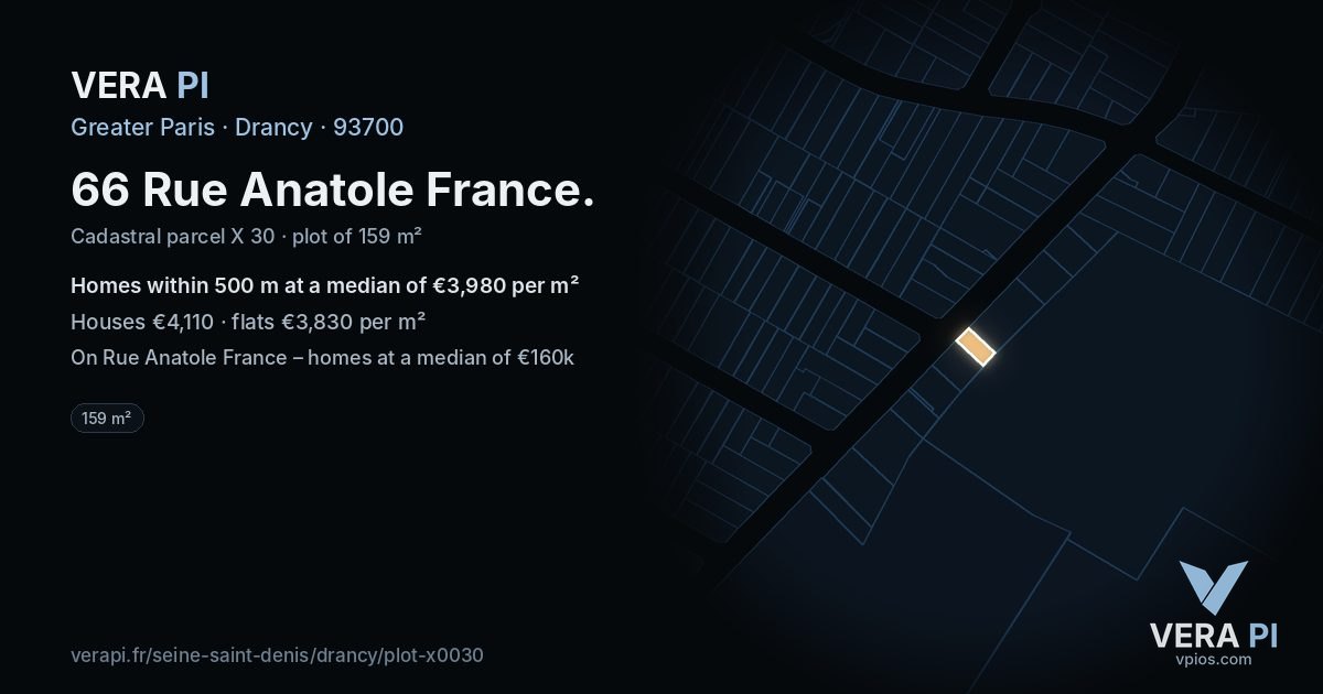 66 Rue Anatole France, Drancy at night – the plot lit, the parcels around coloured by the prices near them