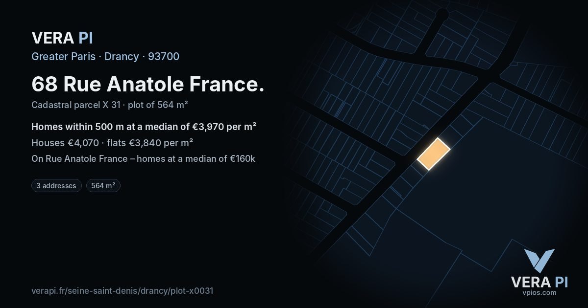 68 Rue Anatole France, Drancy at night – the plot lit, the parcels around coloured by the prices near them