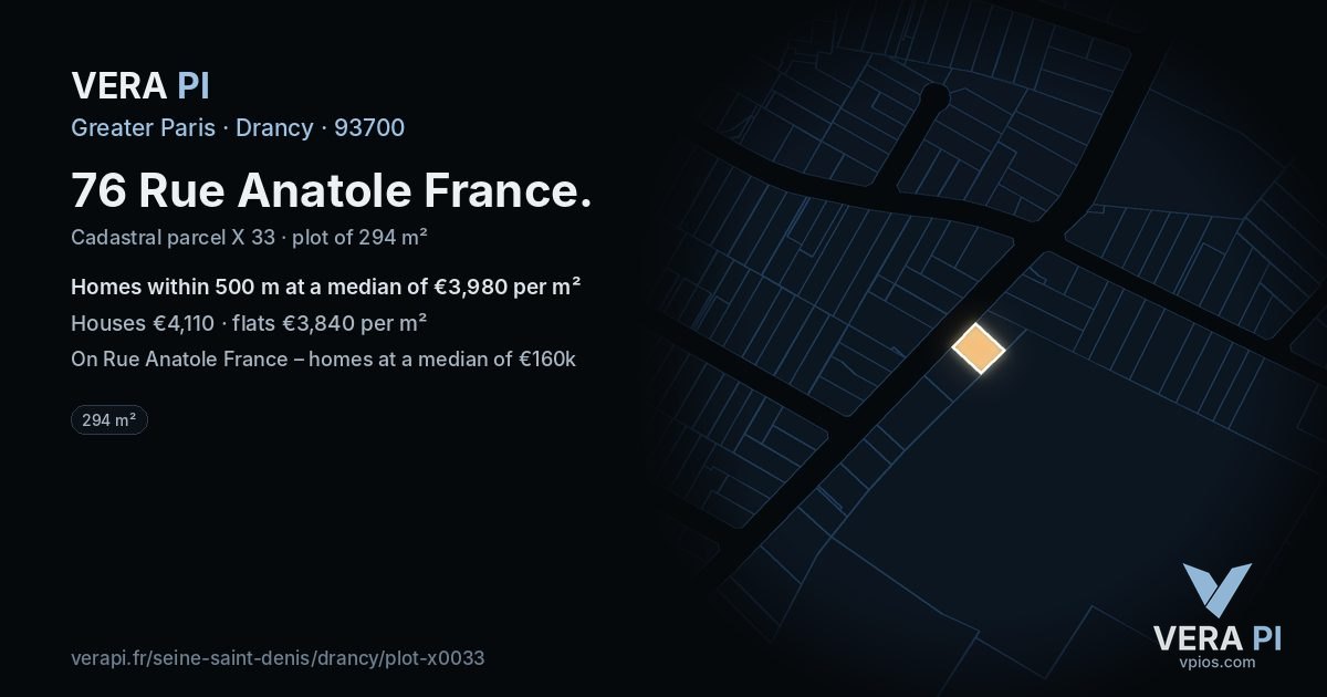 76 Rue Anatole France, Drancy at night – the plot lit, the parcels around coloured by the prices near them