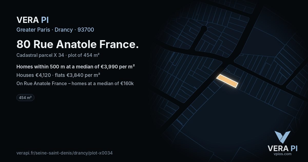 80 Rue Anatole France, Drancy at night – the plot lit, the parcels around coloured by the prices near them