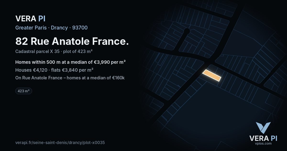 82 Rue Anatole France, Drancy at night – the plot lit, the parcels around coloured by the prices near them
