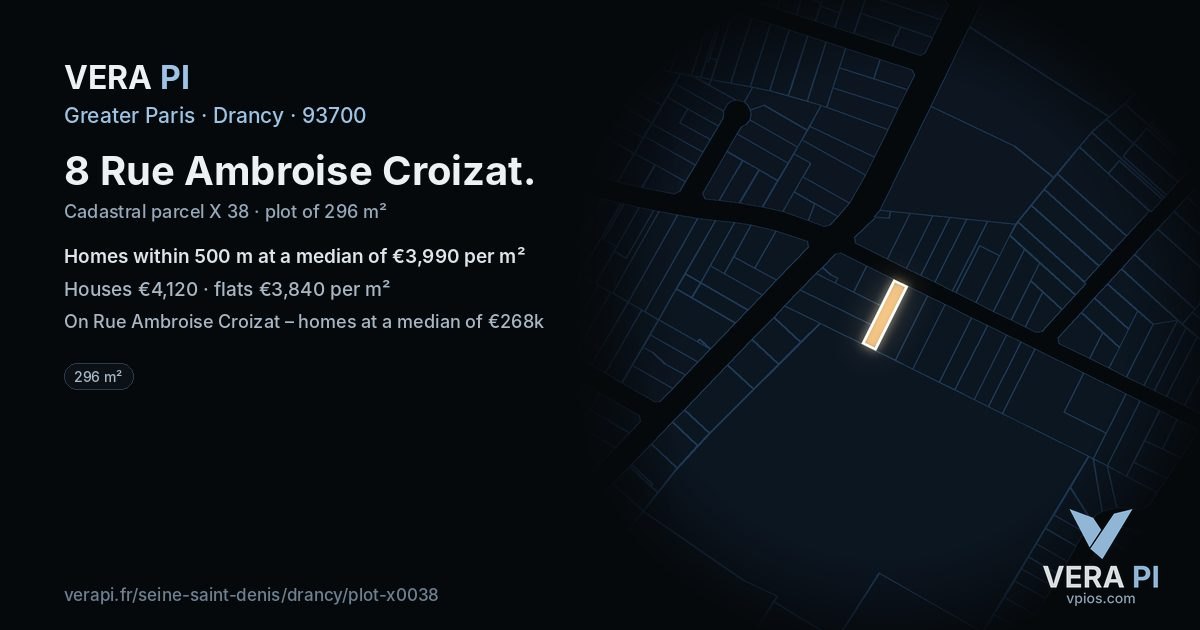 8 Rue Ambroise Croizat, Drancy at night – the plot lit, the parcels around coloured by the prices near them