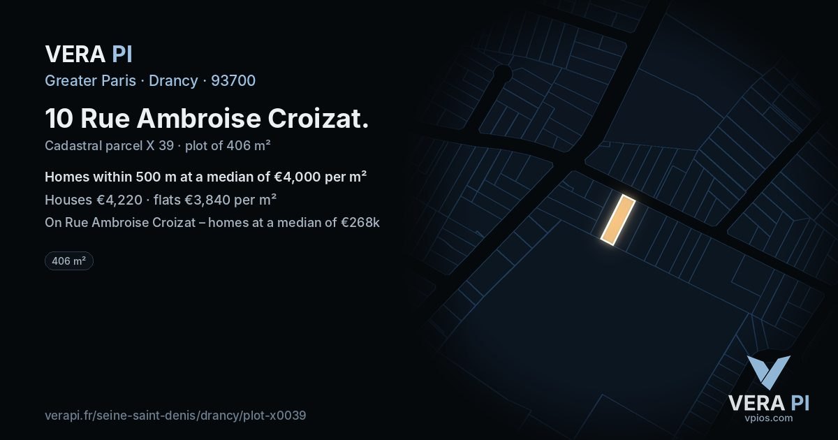 10 Rue Ambroise Croizat, Drancy at night – the plot lit, the parcels around coloured by the prices near them