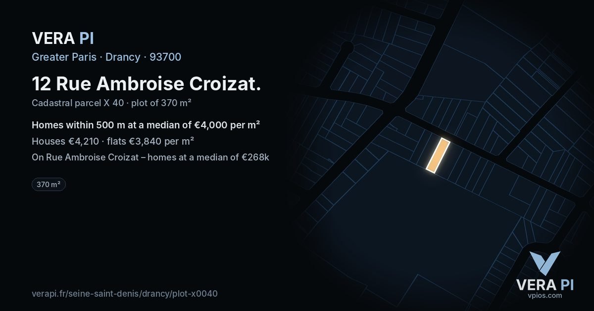 12 Rue Ambroise Croizat, Drancy at night – the plot lit, the parcels around coloured by the prices near them