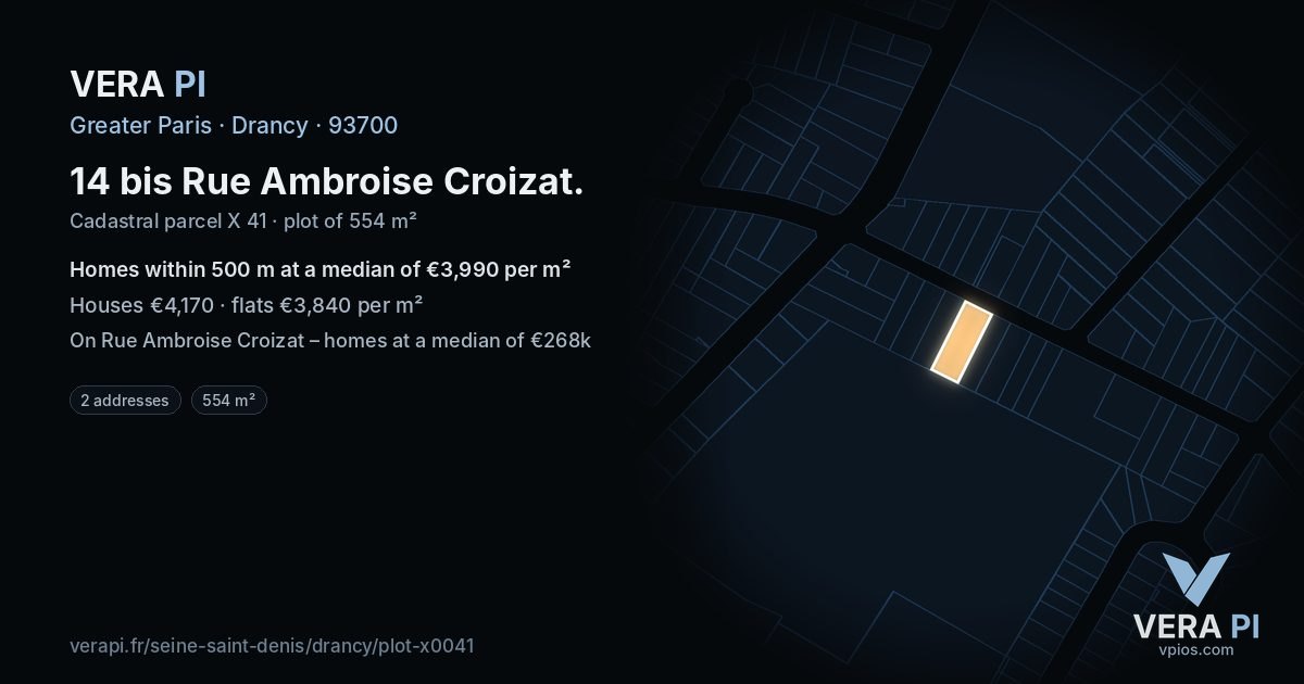 14 bis Rue Ambroise Croizat, Drancy at night – the plot lit, the parcels around coloured by the prices near them