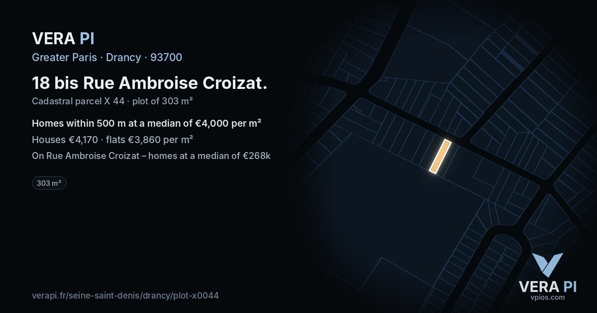 18 bis Rue Ambroise Croizat, Drancy at night – the plot lit, the parcels around coloured by the prices near them