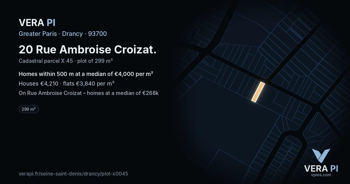 20 Rue Ambroise Croizat, Drancy at night – the plot lit, the parcels around coloured by the prices near them