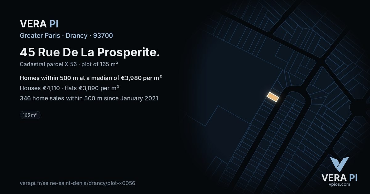 45 Rue De La Prosperite, Drancy at night – the plot lit, the parcels around coloured by the prices near them