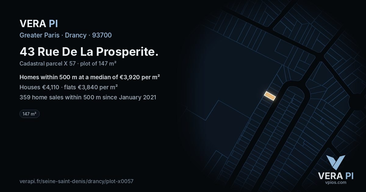 43 Rue De La Prosperite, Drancy at night – the plot lit, the parcels around coloured by the prices near them