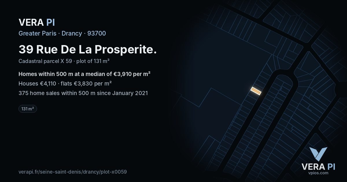 39 Rue De La Prosperite, Drancy at night – the plot lit, the parcels around coloured by the prices near them