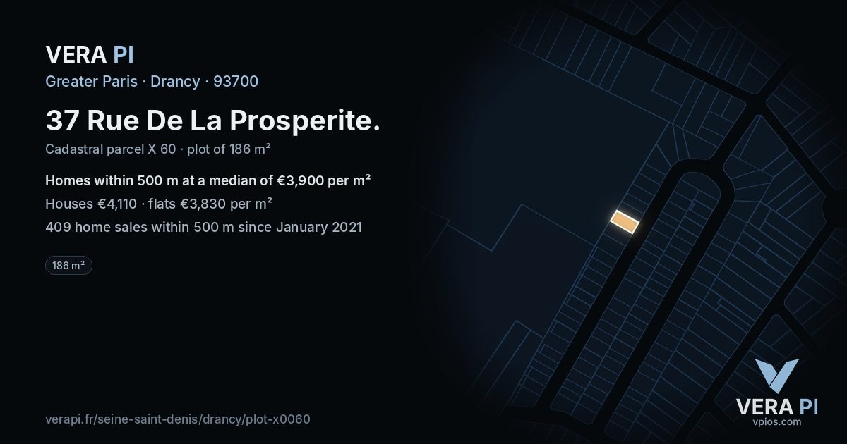 37 Rue De La Prosperite, Drancy at night – the plot lit, the parcels around coloured by the prices near them