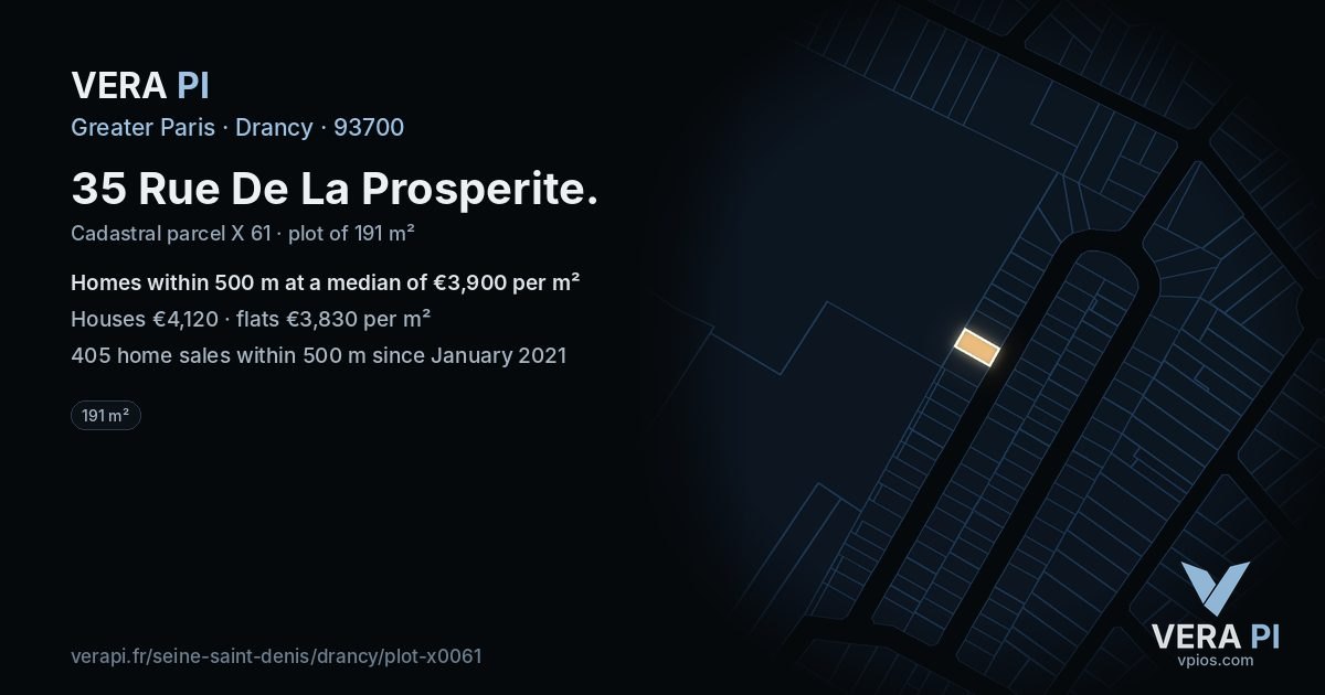 35 Rue De La Prosperite, Drancy at night – the plot lit, the parcels around coloured by the prices near them