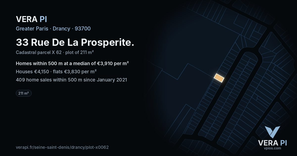 33 Rue De La Prosperite, Drancy at night – the plot lit, the parcels around coloured by the prices near them