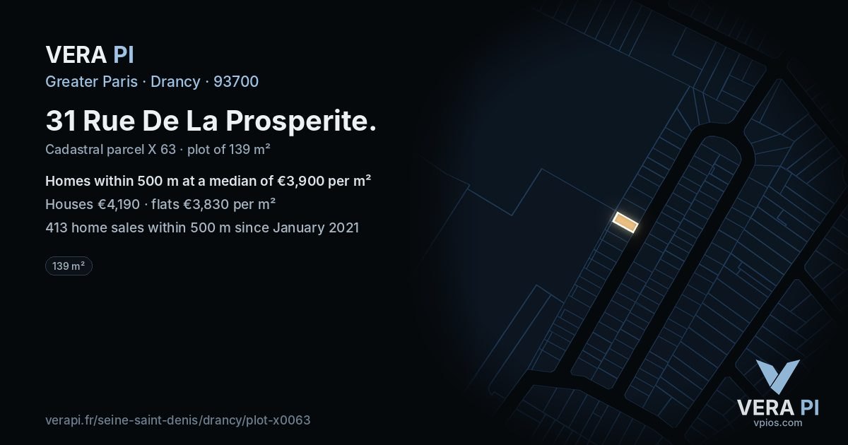 31 Rue De La Prosperite, Drancy at night – the plot lit, the parcels around coloured by the prices near them