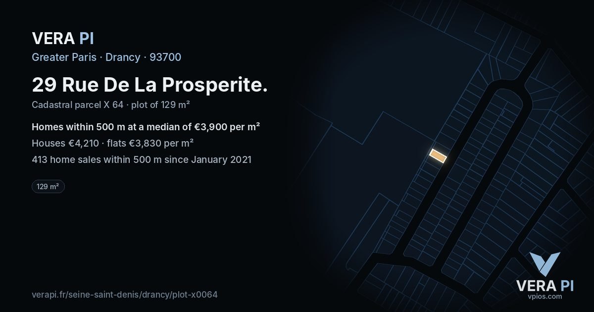 29 Rue De La Prosperite, Drancy at night – the plot lit, the parcels around coloured by the prices near them