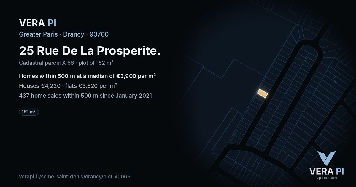 25 Rue De La Prosperite, Drancy at night – the plot lit, the parcels around coloured by the prices near them