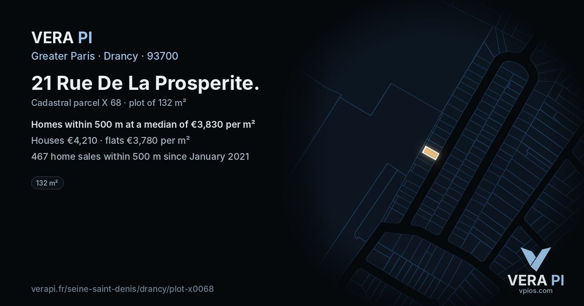 21 Rue De La Prosperite, Drancy at night – the plot lit, the parcels around coloured by the prices near them