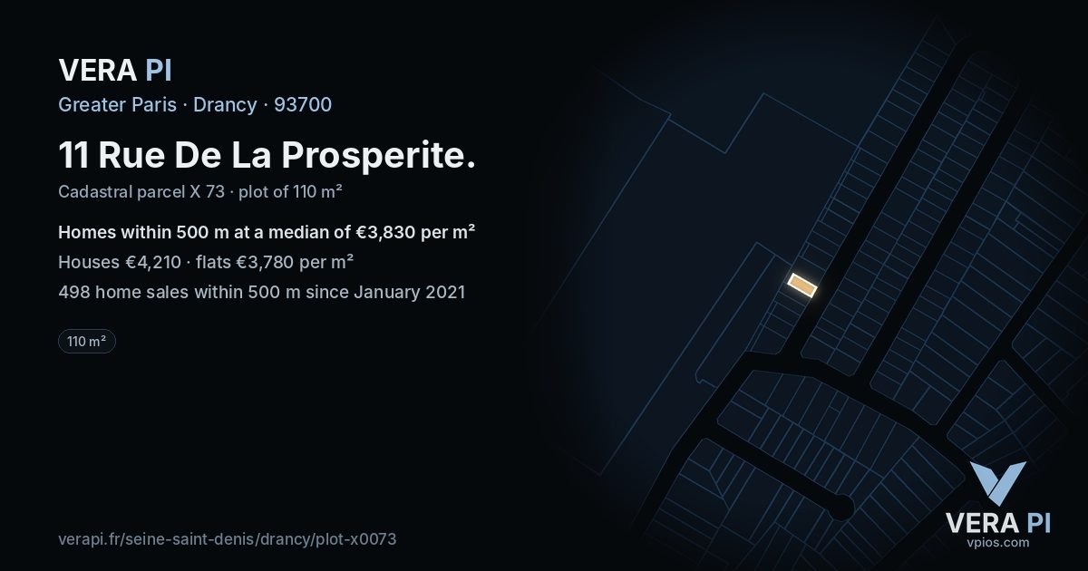 11 Rue De La Prosperite, Drancy at night – the plot lit, the parcels around coloured by the prices near them