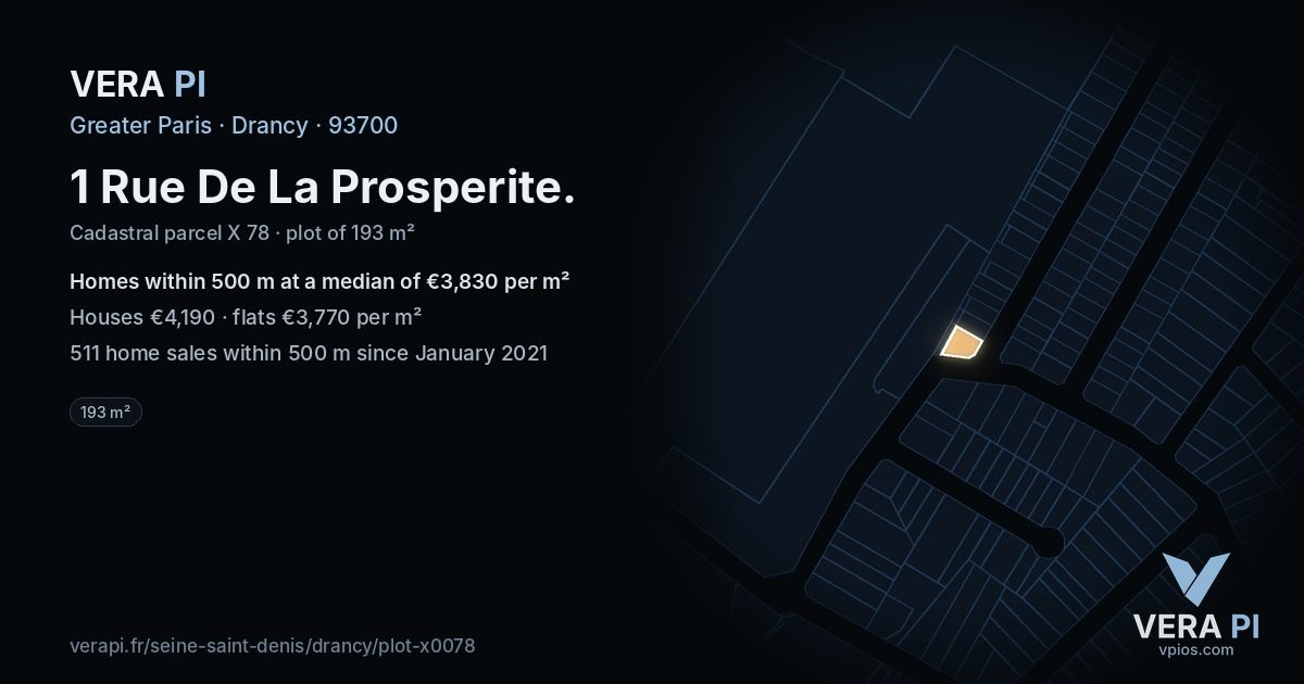 1 Rue De La Prosperite, Drancy at night – the plot lit, the parcels around coloured by the prices near them