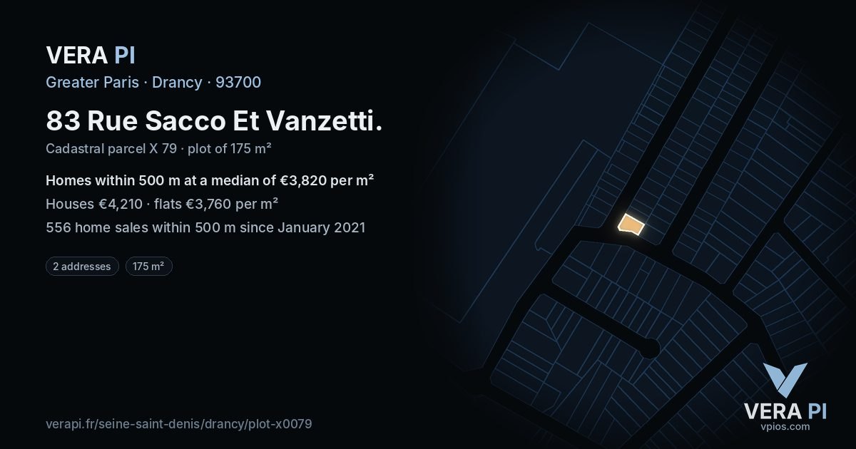 83 Rue Sacco Et Vanzetti, Drancy at night – the plot lit, the parcels around coloured by the prices near them