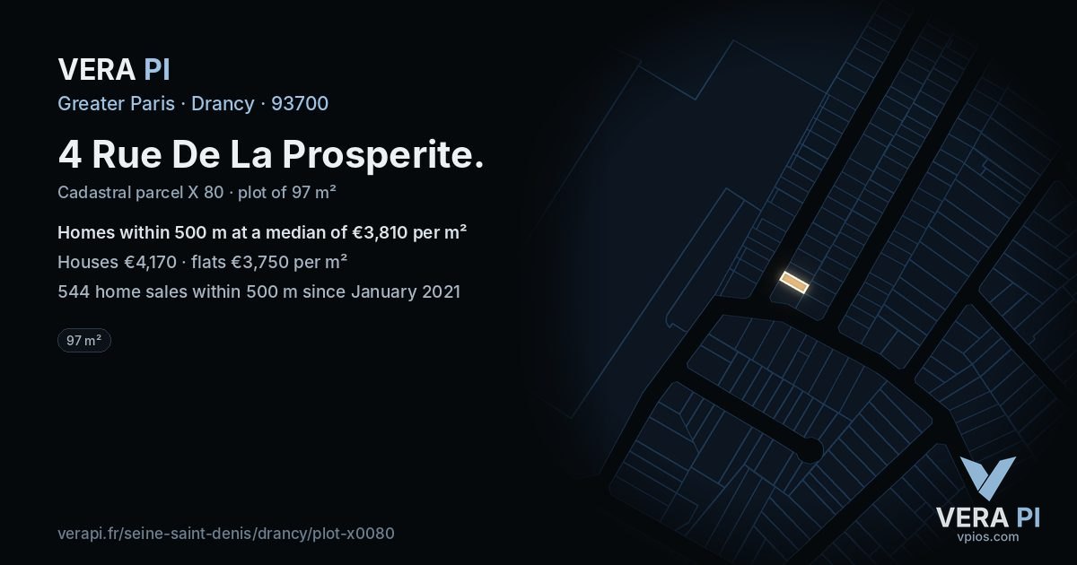 4 Rue De La Prosperite, Drancy at night – the plot lit, the parcels around coloured by the prices near them