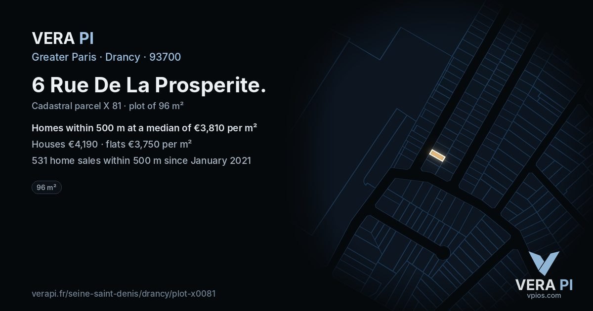 6 Rue De La Prosperite, Drancy at night – the plot lit, the parcels around coloured by the prices near them