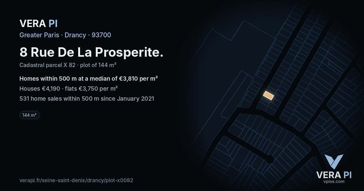 8 Rue De La Prosperite, Drancy at night – the plot lit, the parcels around coloured by the prices near them