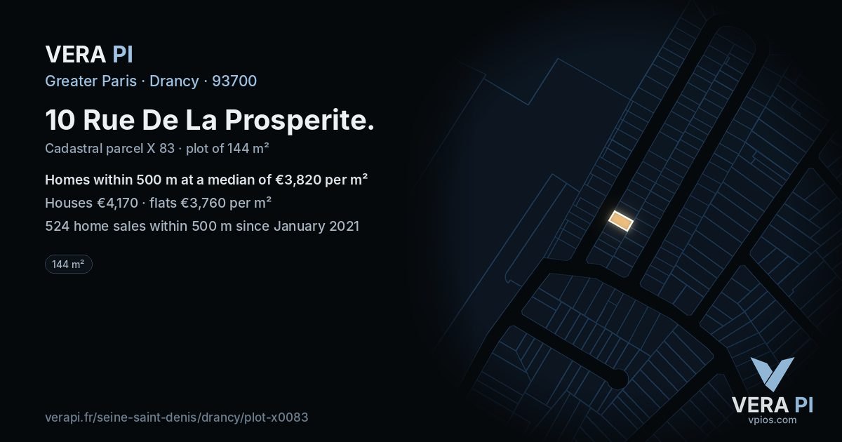 10 Rue De La Prosperite, Drancy at night – the plot lit, the parcels around coloured by the prices near them