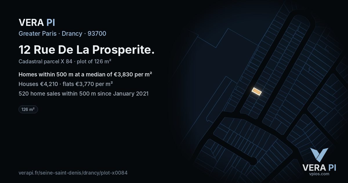 12 Rue De La Prosperite, Drancy at night – the plot lit, the parcels around coloured by the prices near them
