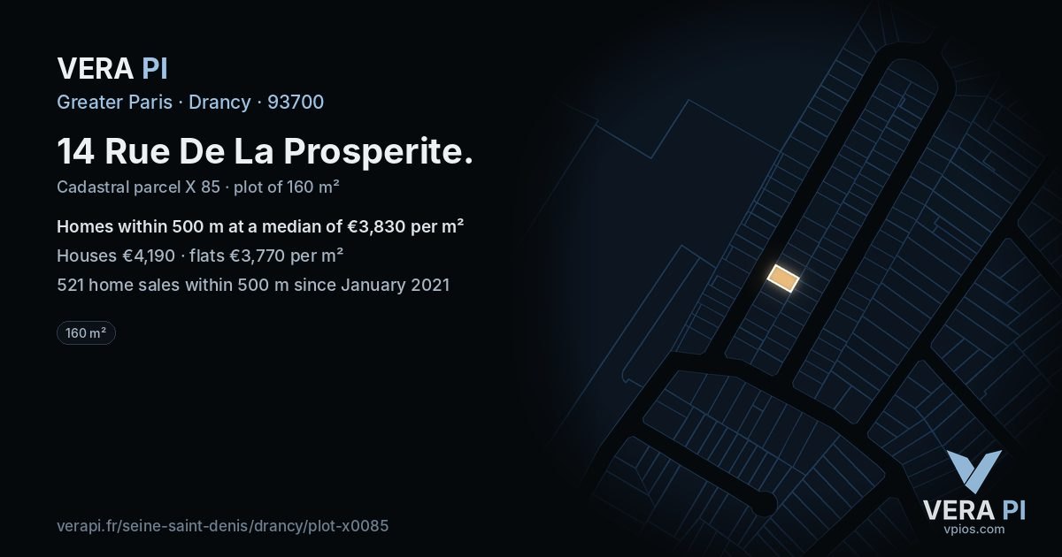 14 Rue De La Prosperite, Drancy at night – the plot lit, the parcels around coloured by the prices near them