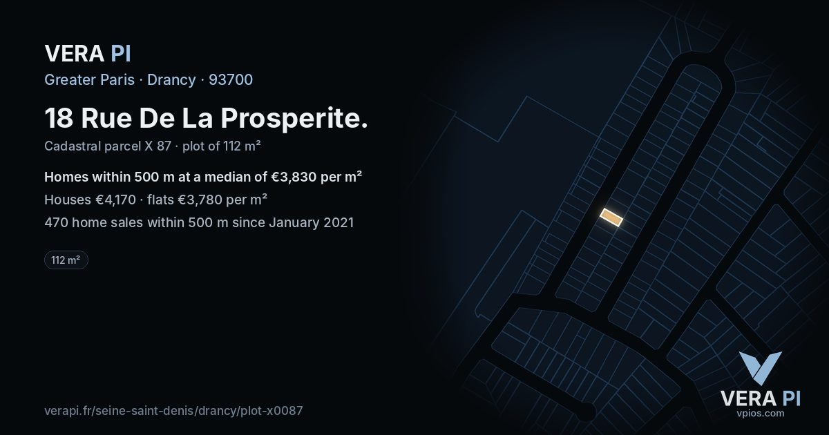 18 Rue De La Prosperite, Drancy at night – the plot lit, the parcels around coloured by the prices near them