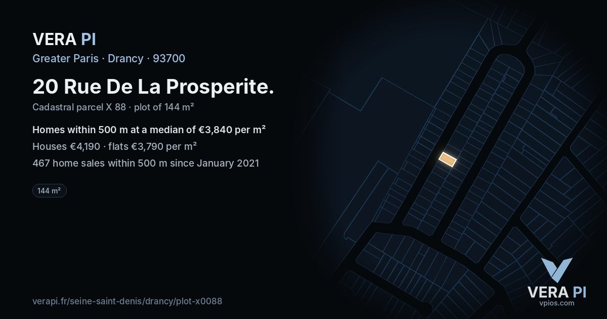 20 Rue De La Prosperite, Drancy at night – the plot lit, the parcels around coloured by the prices near them