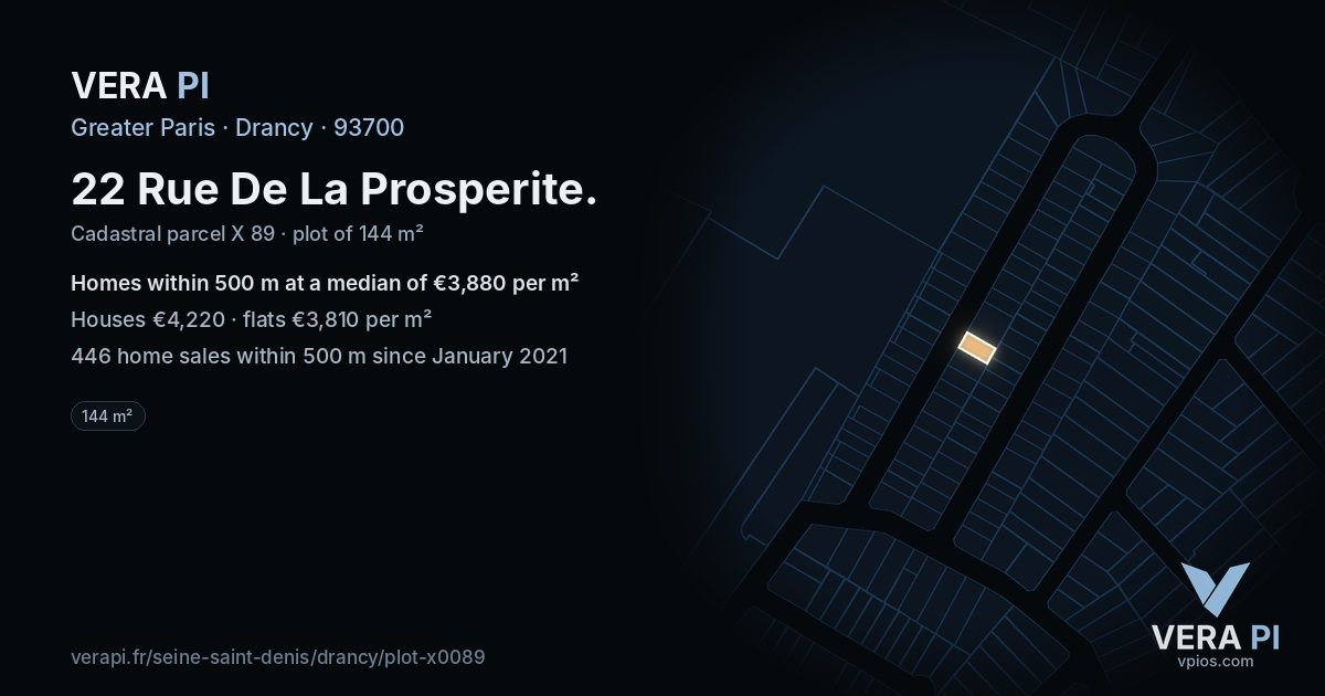22 Rue De La Prosperite, Drancy at night – the plot lit, the parcels around coloured by the prices near them