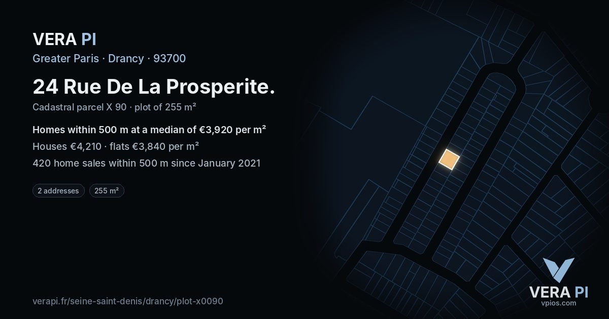 24 Rue De La Prosperite, Drancy at night – the plot lit, the parcels around coloured by the prices near them