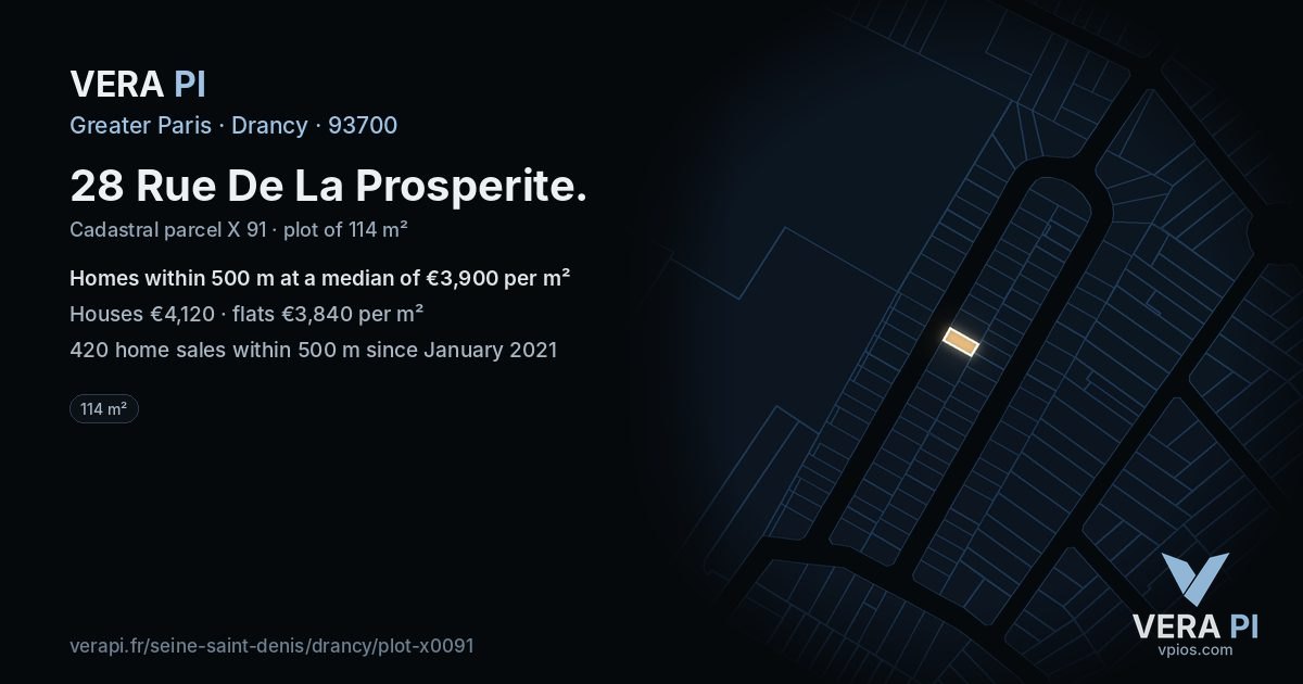 28 Rue De La Prosperite, Drancy at night – the plot lit, the parcels around coloured by the prices near them