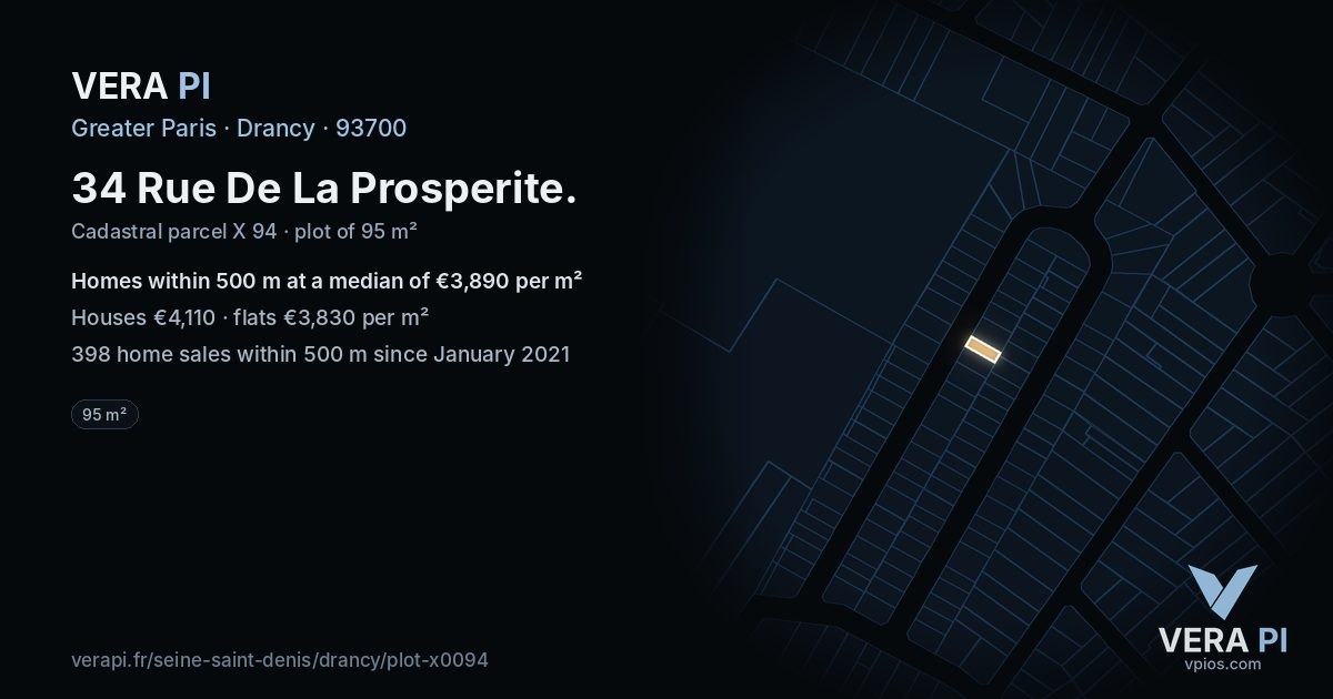 34 Rue De La Prosperite, Drancy at night – the plot lit, the parcels around coloured by the prices near them