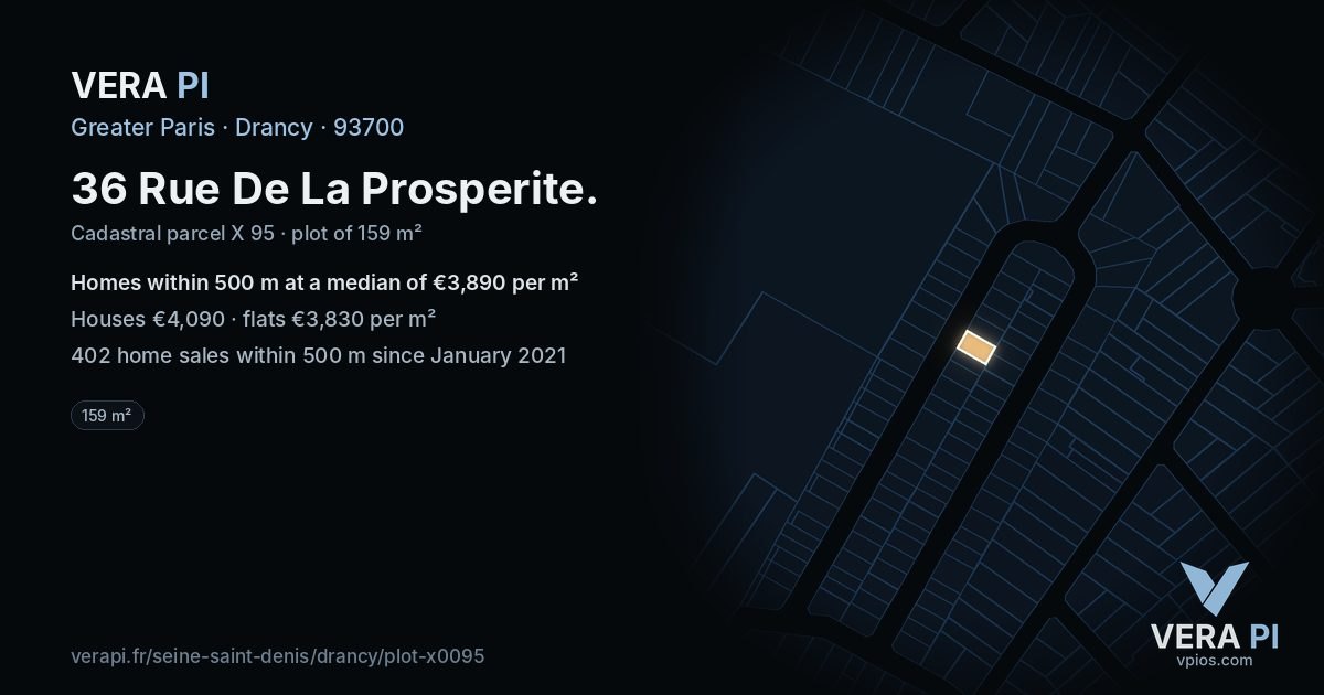 36 Rue De La Prosperite, Drancy at night – the plot lit, the parcels around coloured by the prices near them