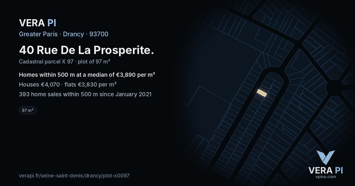 40 Rue De La Prosperite, Drancy at night – the plot lit, the parcels around coloured by the prices near them