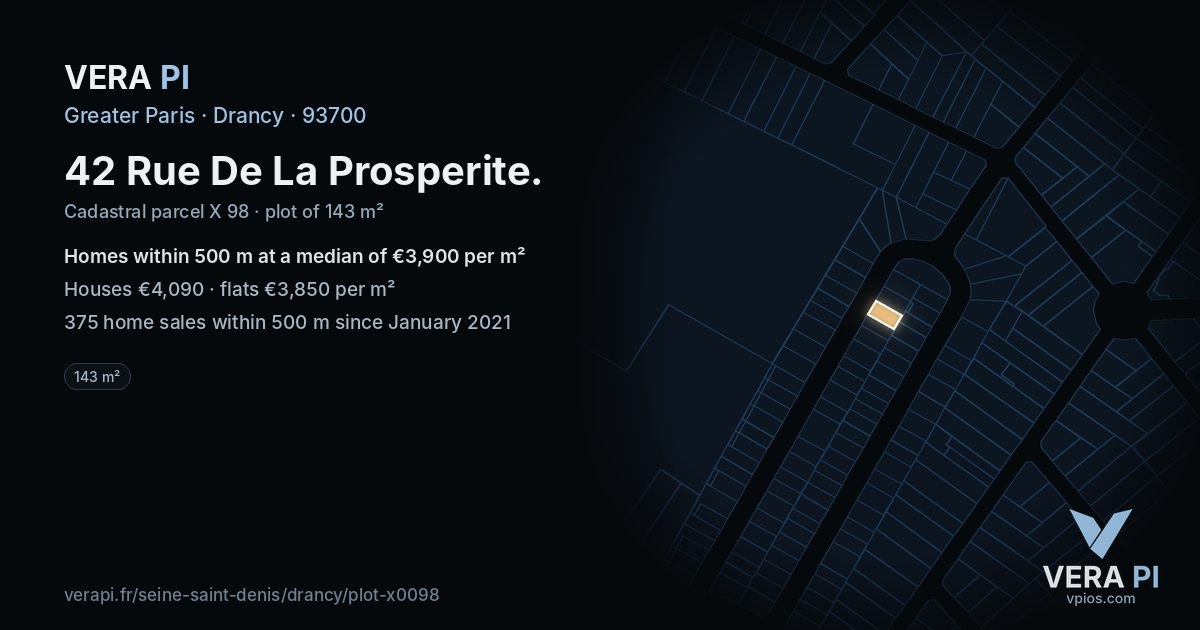 42 Rue De La Prosperite, Drancy at night – the plot lit, the parcels around coloured by the prices near them