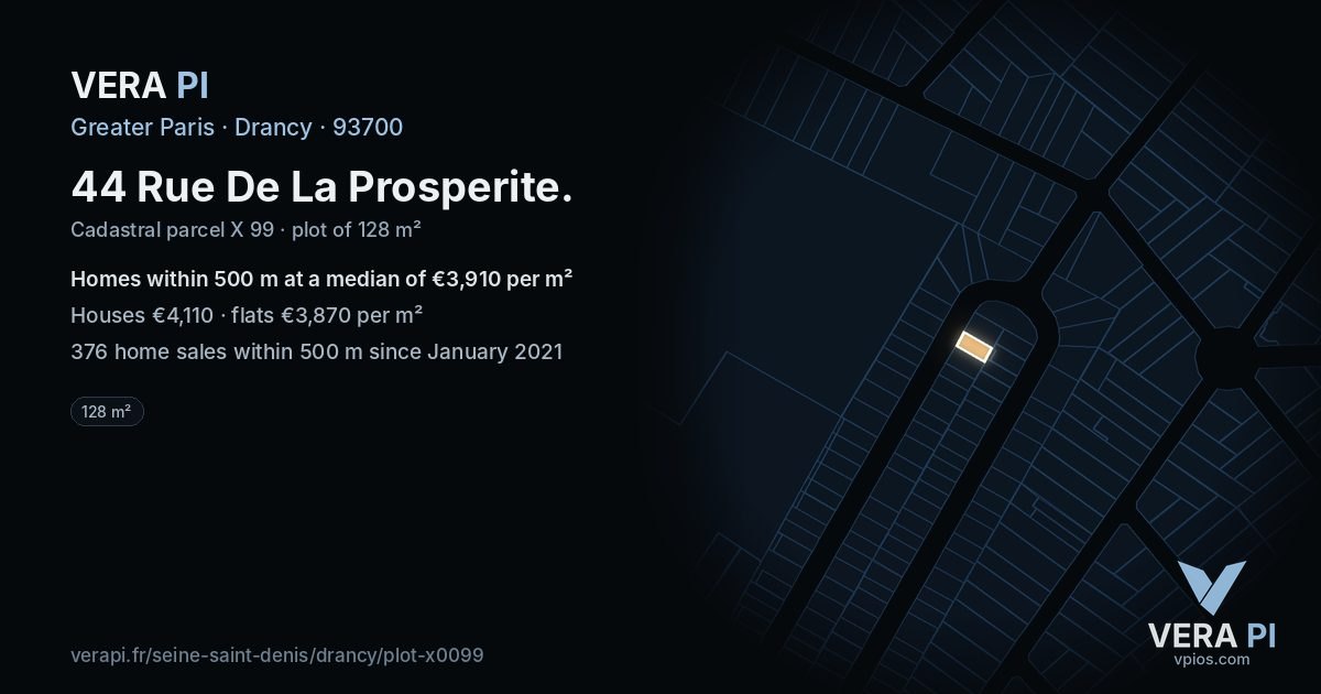 44 Rue De La Prosperite, Drancy at night – the plot lit, the parcels around coloured by the prices near them