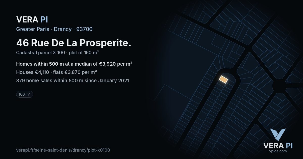 46 Rue De La Prosperite, Drancy at night – the plot lit, the parcels around coloured by the prices near them