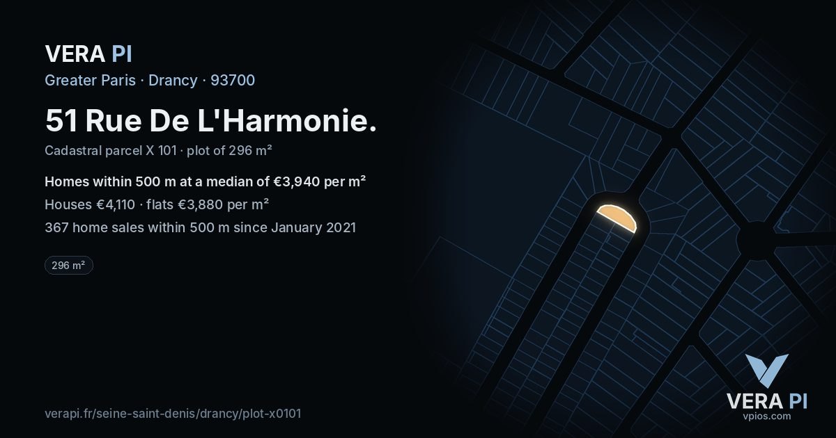 51 Rue De L'Harmonie, Drancy at night – the plot lit, the parcels around coloured by the prices near them