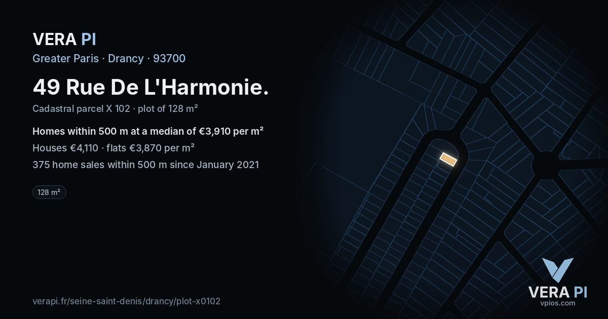 49 Rue De L'Harmonie, Drancy at night – the plot lit, the parcels around coloured by the prices near them