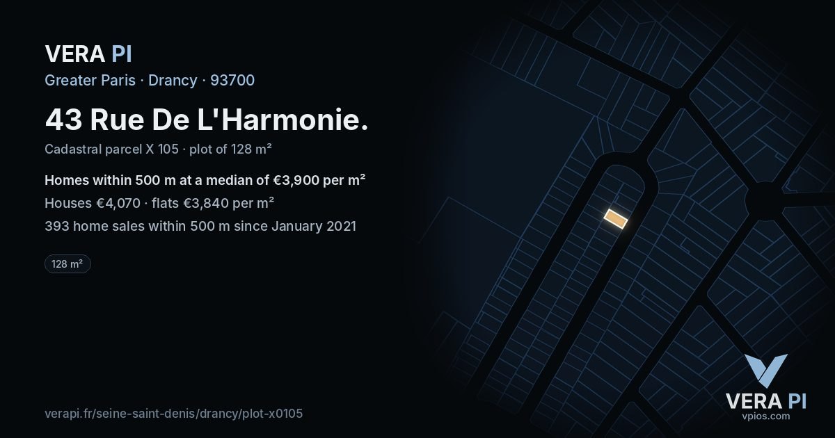43 Rue De L'Harmonie, Drancy at night – the plot lit, the parcels around coloured by the prices near them