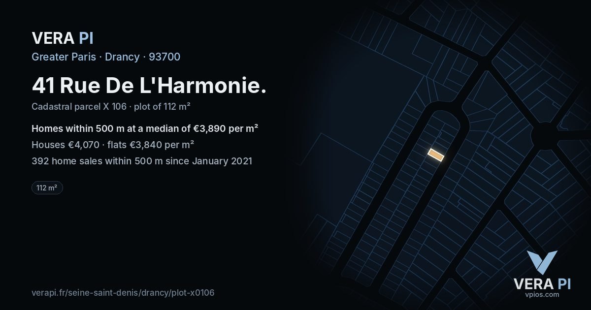41 Rue De L'Harmonie, Drancy at night – the plot lit, the parcels around coloured by the prices near them